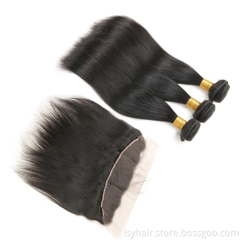 Straight Hair Bundles with Frontal 3 Pcs Human Hair Bundles with Closure Brazilian Hair Weave Ear To Ear Lace Frontal Closure
